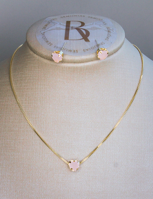 Conjunto Coração Zircônia Quartzo Rosa Banhado à Ouro 18k - Romilda Borges - cod: CC17