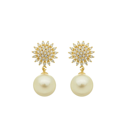 Brinco Sol Mini Zircônias com Pérola Ouro 18k - Romilda Borges - cod: BR33